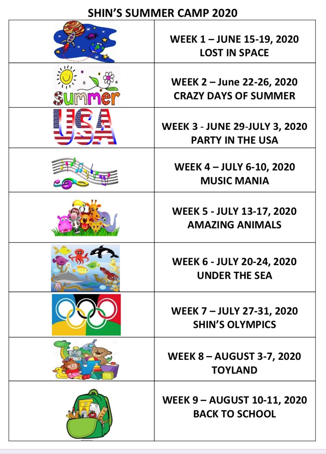 Summer Camp 2019 Schedule